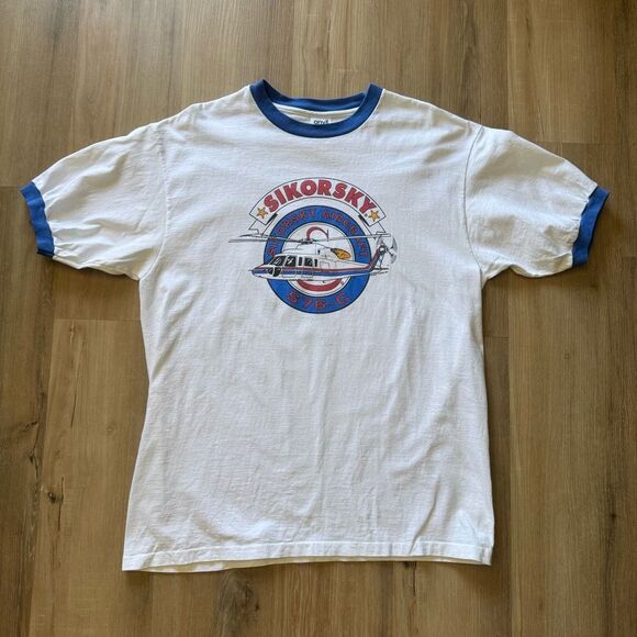 Vintage 90's Sikorsky Aircraft Ringer Tee White Blue S-76C Helicopter Size XL - Picture 1 of 8